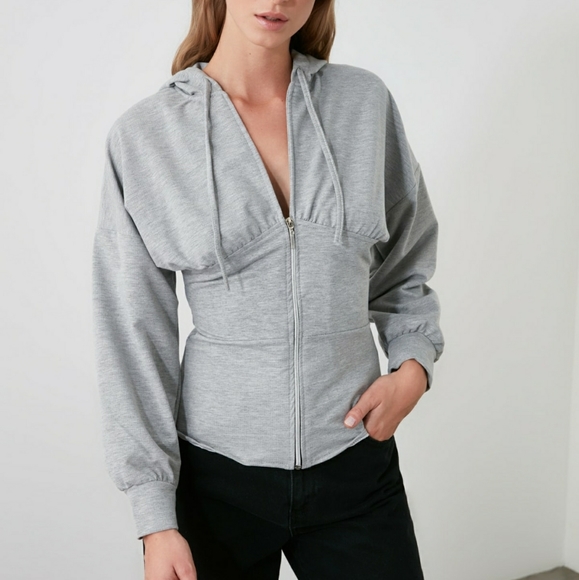 Gray tie detail hooded sweatshirt - Picture 5 of 8